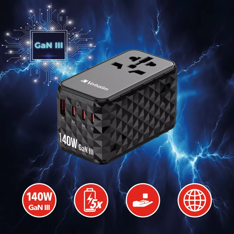 Verbatim UTA-10 140W GaN III Uniwersalny adapter podróżny z 2 portami USB-C PD 3.1 i QC 4+, 1 portem USB-C PD 3.0 i 1 portem USB-A QC 3.0