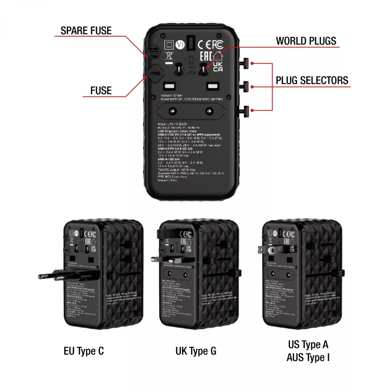 Verbatim UTA-10 140W GaN III Uniwersalny adapter podróżny z 2 portami USB-C PD 3.1 i QC 4+, 1 portem USB-C PD 3.0 i 1 portem USB-A QC 3.0