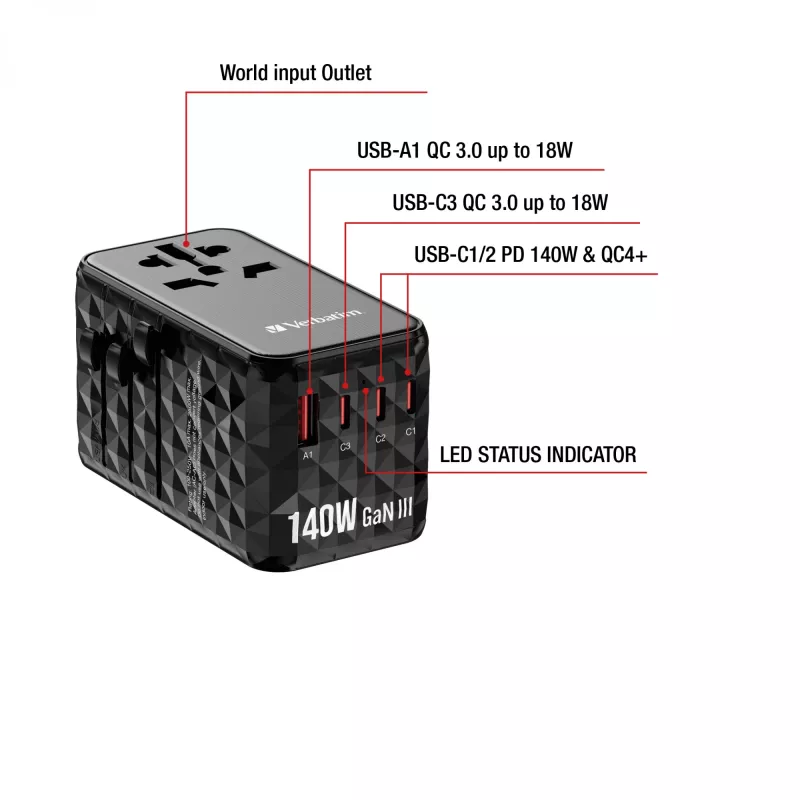 Verbatim UTA-10 140W GaN III Uniwersalny adapter podróżny z 2 portami USB-C PD 3.1 i QC 4+, 1 portem USB-C PD 3.0 i 1 portem USB-A QC 3.0