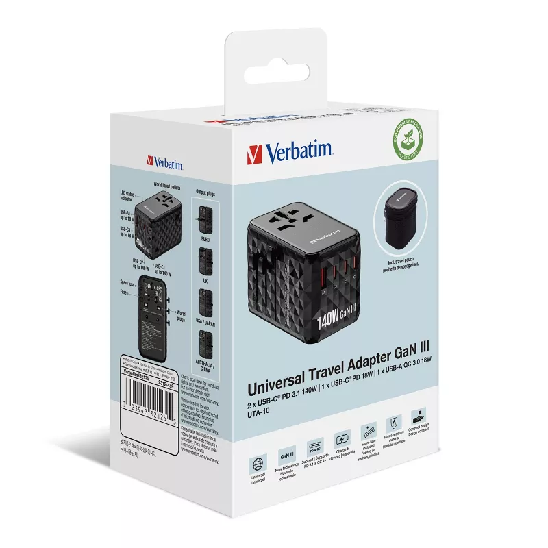 Verbatim UTA-10 140W GaN III Uniwersalny adapter podróżny z 2 portami USB-C PD 3.1 i QC 4+, 1 portem USB-C PD 3.0 i 1 portem USB-A QC 3.0
