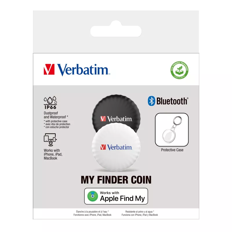 Verbatim My Finder Coin Bluetooth Tracker - 2 Pack, Personal, Finder, Czarny, Biały, Pyłoszczelny, Wodoodporny, IP66, CR2032