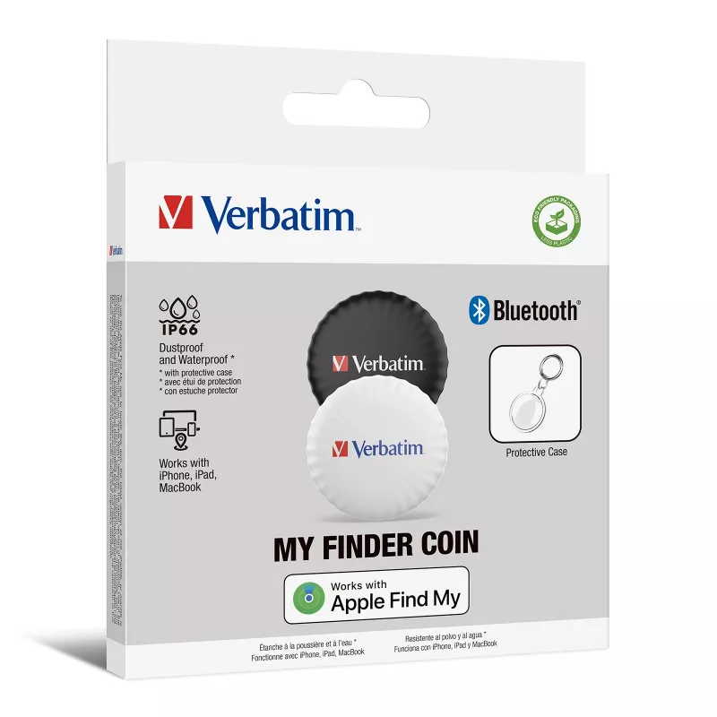 Verbatim My Finder Coin Bluetooth Tracker - 2 Pack, Personal, Finder, Czarny, Biały, Pyłoszczelny, Wodoodporny, IP66, CR2032