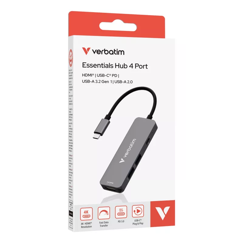 Verbatim USB-C Essentials Multiport Hub 4 porty: HDMI, USB-C PD, USB-A 3.2 Gen 1, USB-A