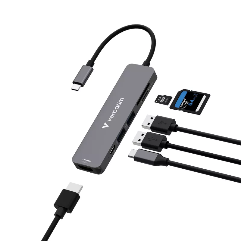 Verbatim USB-C Essentials Multiport Hub 6 portów: HDMI, USB-C PD, USB-A 3.2 Gen 1, USB-A, SD i microSD