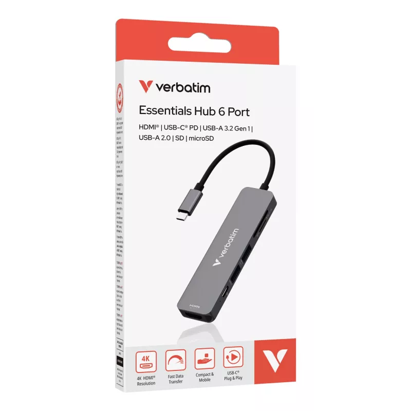 Verbatim USB-C Essentials Multiport Hub 6 portów: HDMI, USB-C PD, USB-A 3.2 Gen 1, USB-A, SD i microSD