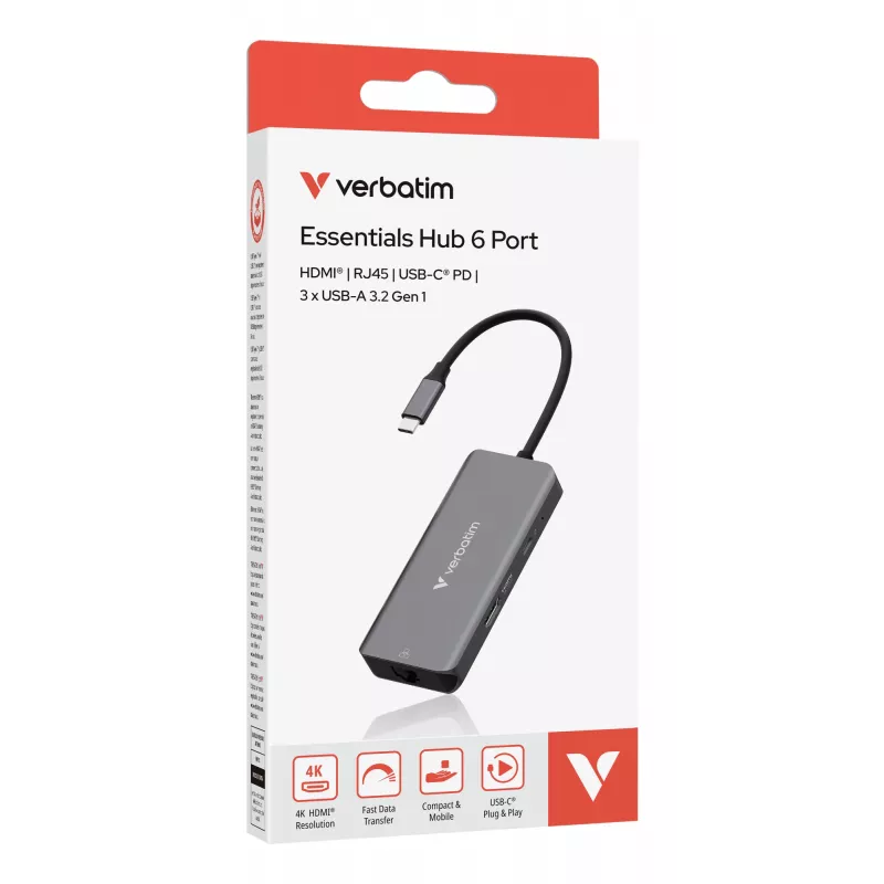 Verbatim USB-C Essentials Multiport Hub 6 portów: RJ45, HDMI, USB-C PD, 3 x USB-A 3.2 Gen 1