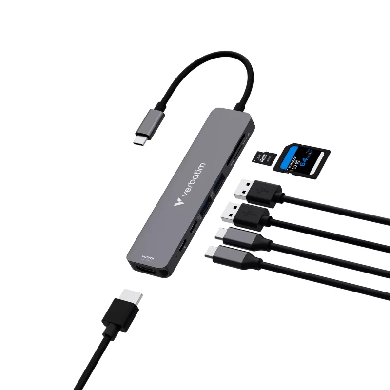 Verbatim USB-C Essentials Multiport Hub 7 portów: HDMI, USB-C, USB-C 3.2 Gen 1, 2 x USB-A 3.2 Gen 1, SD i microSD