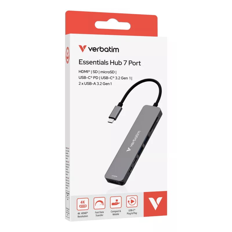 Verbatim USB-C Essentials Multiport Hub 7 portów: HDMI, USB-C, USB-C 3.2 Gen 1, 2 x USB-A 3.2 Gen 1, SD i microSD