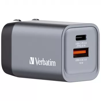 Ładowarka Verbatim GNC-35 GaN 35W z 1x USB-C PD 35W / 1x USB-A QC 3.0 (EU/UK/US)