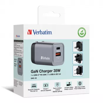Ładowarka Verbatim GNC-35 GaN 35W z 1x USB-C PD 35W / 1x USB-A QC 3.0 (EU/UK/US)