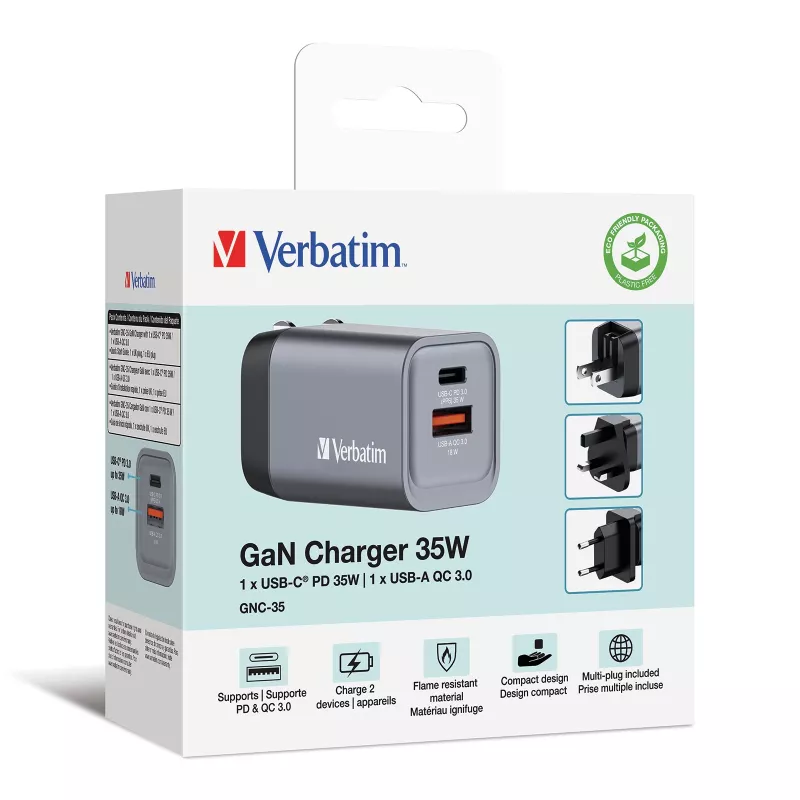 Ładowarka Verbatim GNC-35 GaN 35W z 1x USB-C PD 35W / 1x USB-A QC 3.0 (EU/UK/US)