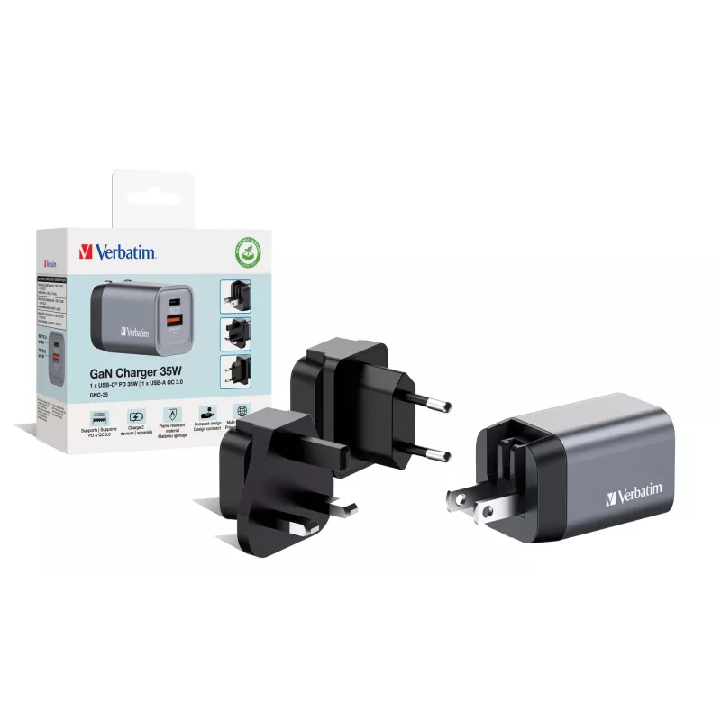 Ładowarka Verbatim GNC-35 GaN 35W z 1x USB-C PD 35W / 1x USB-A QC 3.0 (EU/UK/US)