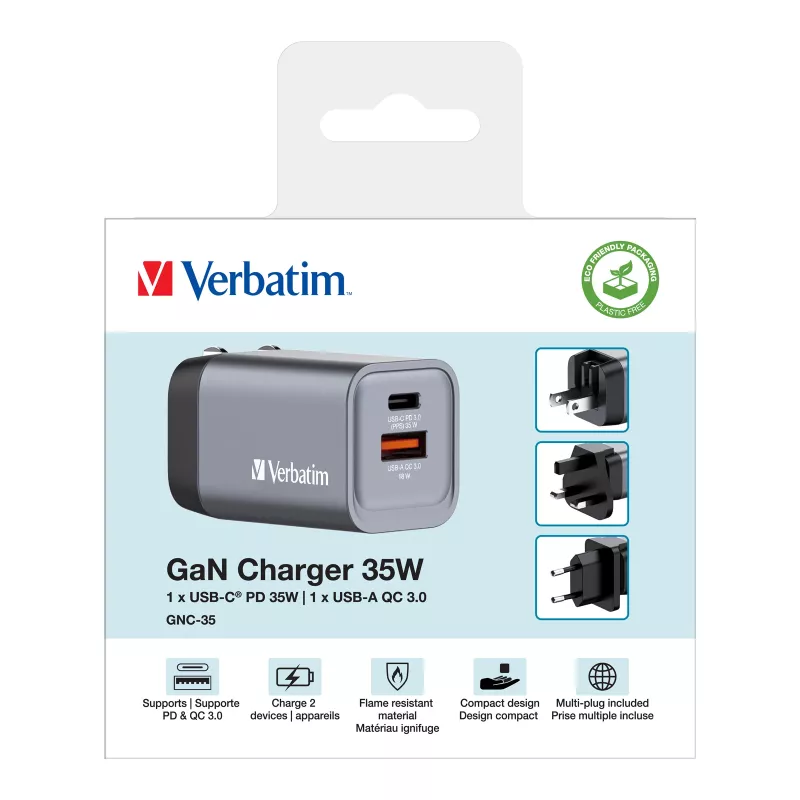 Ładowarka Verbatim GNC-35 GaN 35W z 1x USB-C PD 35W / 1x USB-A QC 3.0 (EU/UK/US)