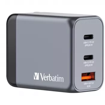 Verbatim GNC-65 GaN Charger 65W z 2 x USB-C PD 65W / 1 x USB-A QC 3.0 (EU/UK/US)