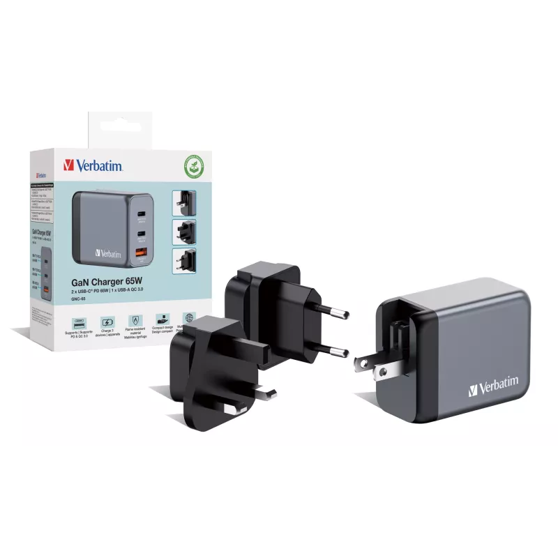 Verbatim GNC-65 GaN Charger 65W z 2 x USB-C PD 65W / 1 x USB-A QC 3.0 (EU/UK/US)