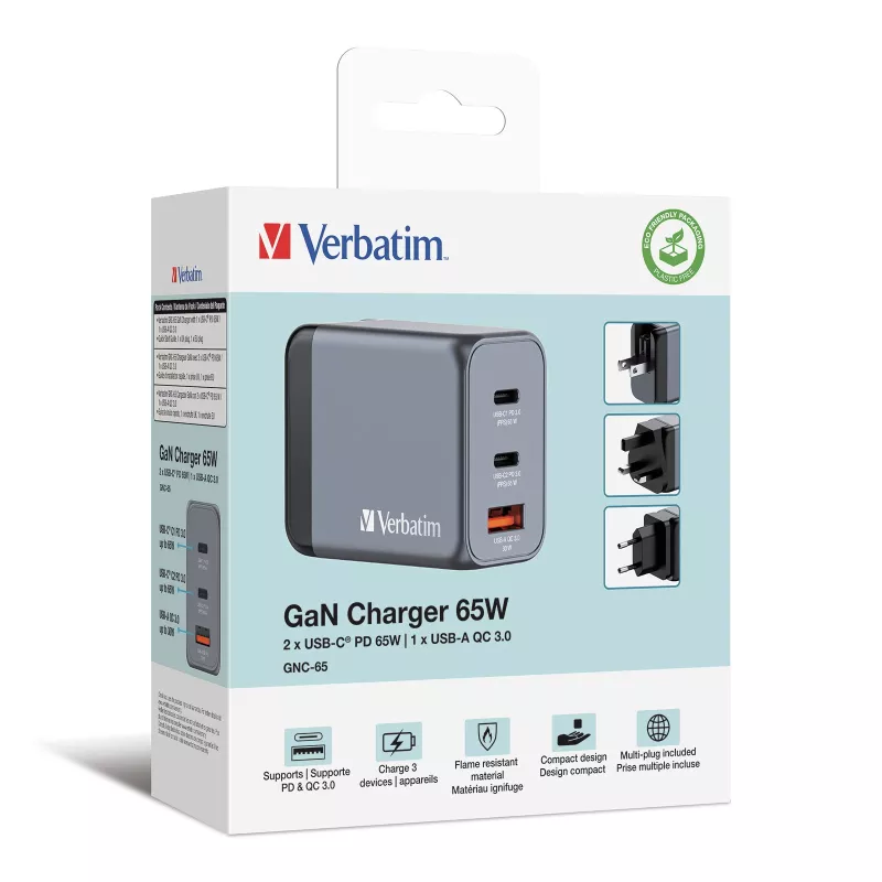 Verbatim GNC-65 GaN Charger 65W z 2 x USB-C PD 65W / 1 x USB-A QC 3.0 (EU/UK/US)