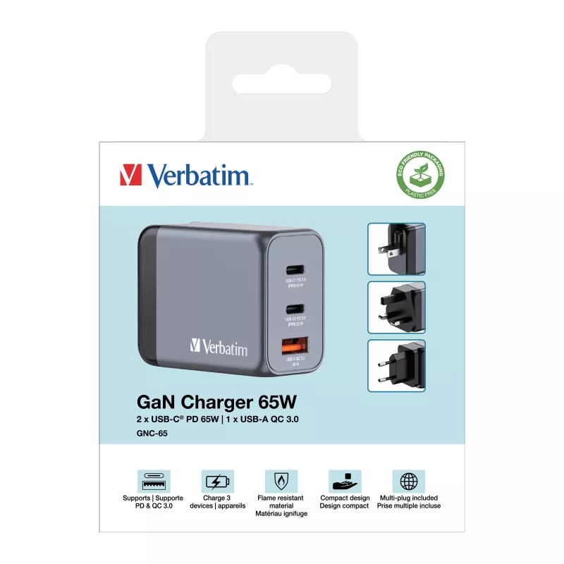 Verbatim GNC-65 GaN Charger 65W z 2 x USB-C PD 65W / 1 x USB-A QC 3.0 (EU/UK/US)