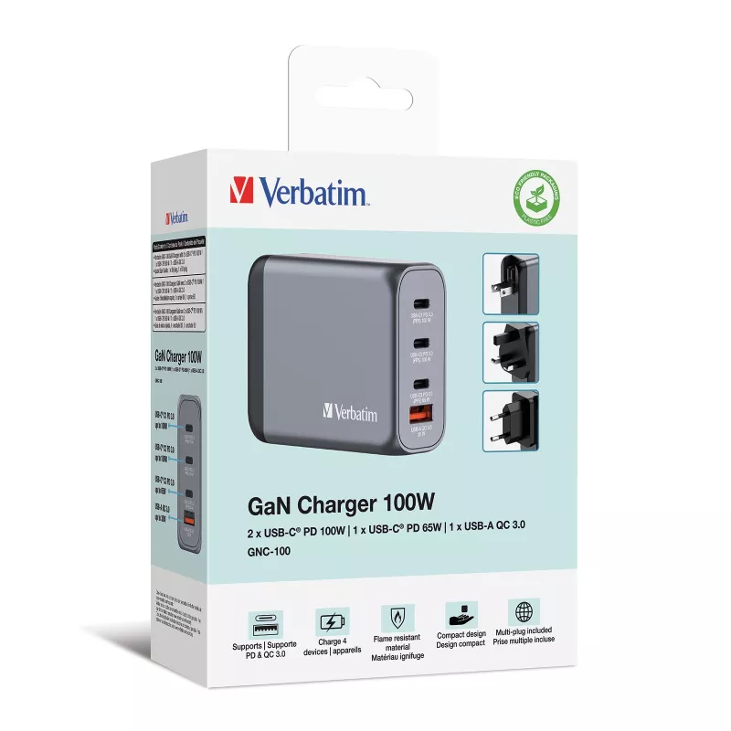 Ładowarka Verbatim GNC-100 GaN 100 W z 2x USB-C PD 100 W / 1x USB-C PD 65 W / 1x USB-A QC 3.0 (EU/UK/US)