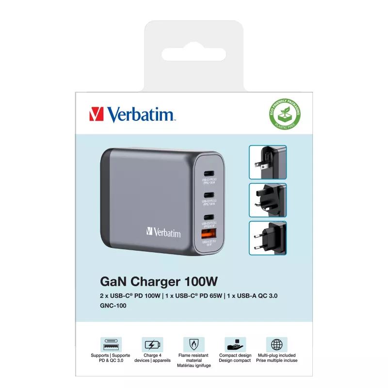 Ładowarka Verbatim GNC-100 GaN 100 W z 2x USB-C PD 100 W / 1x USB-C PD 65 W / 1x USB-A QC 3.0 (EU/UK/US)