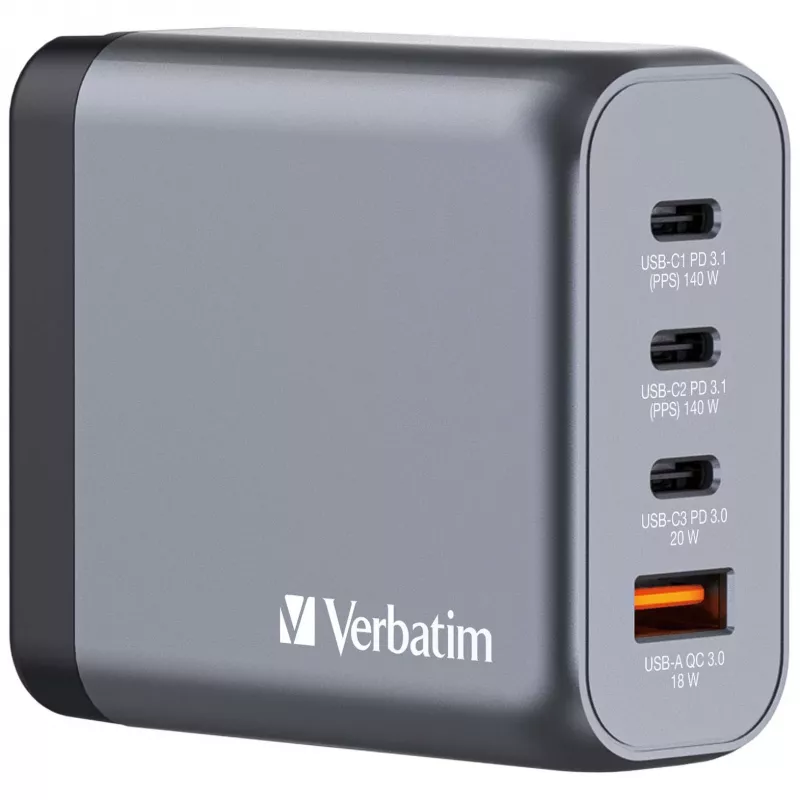 Verbatim GNC-140 GaN Charger 140W z 2 x USB-C PD 140W / 1 x USB-C PD 20W / 1 x USB-A QC 3.0 (EU/UK/US)