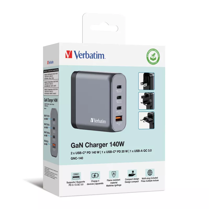 Verbatim GNC-140 GaN Charger 140W z 2 x USB-C PD 140W / 1 x USB-C PD 20W / 1 x USB-A QC 3.0 (EU/UK/US)