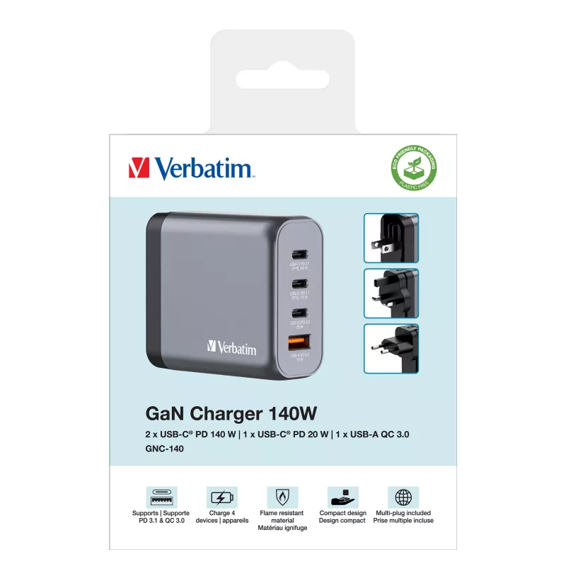Verbatim GNC-140 GaN Charger 140W z 2 x USB-C PD 140W / 1 x USB-C PD 20W / 1 x USB-A QC 3.0 (EU/UK/US)