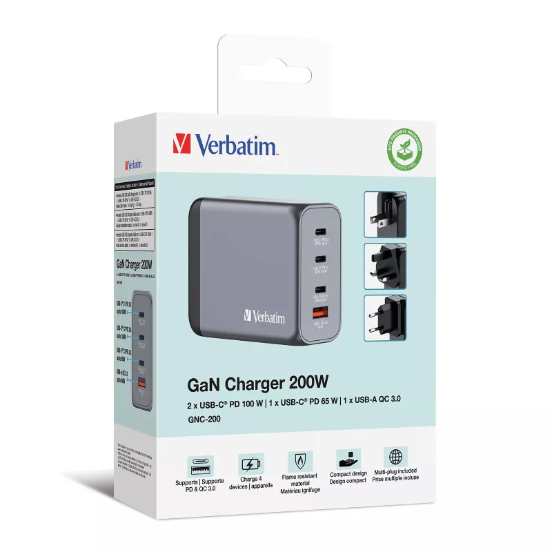 Verbatim GNC-200 Ładowarka GaN 200W z 2 x USB-C PD 100W / 1 x USB-C PD 65W / 1 x USB QC 3.0 (EU/UK/US)
