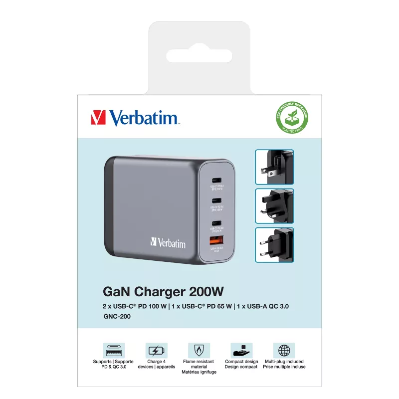 Verbatim GNC-200 Ładowarka GaN 200W z 2 x USB-C PD 100W / 1 x USB-C PD 65W / 1 x USB QC 3.0 (EU/UK/US)