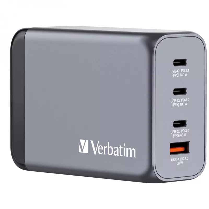Ładowarka Verbatim GNC-240 GaN 240 W z 1 x USB-C 140 W / 1 x USB-C 100 W / 1 x USB-C 65 W / 1 x USB-A QC 3.0 (EU/UK/US)