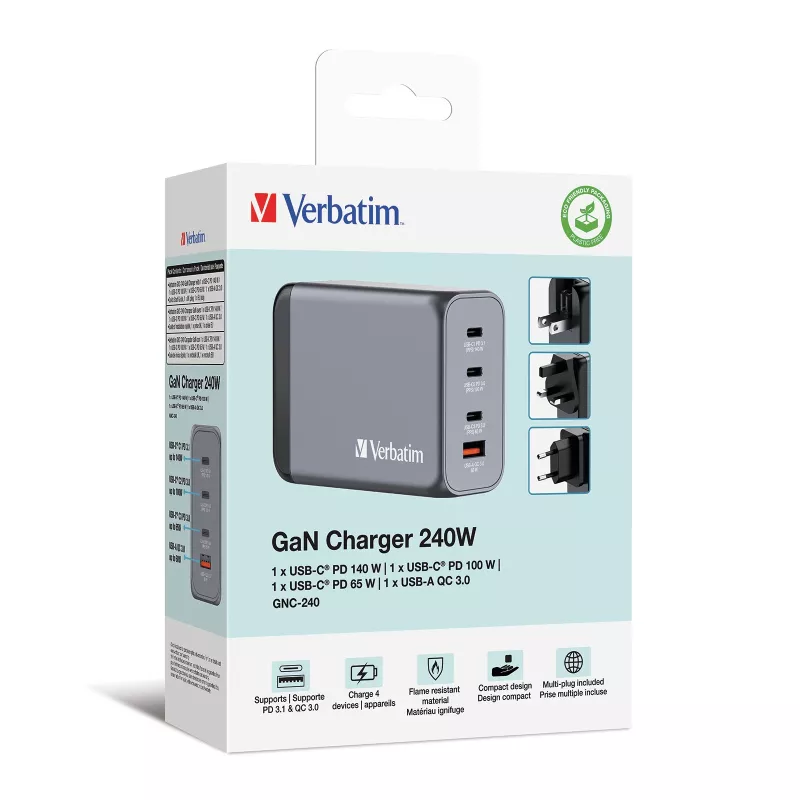Ładowarka Verbatim GNC-240 GaN 240 W z 1 x USB-C 140 W / 1 x USB-C 100 W / 1 x USB-C 65 W / 1 x USB-A QC 3.0 (EU/UK/US)