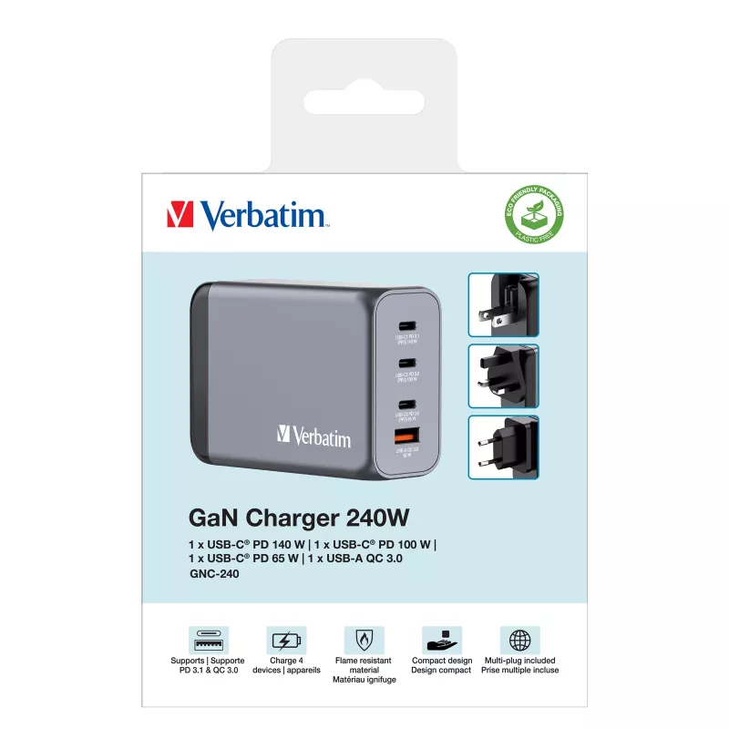 Ładowarka Verbatim GNC-240 GaN 240 W z 1 x USB-C 140 W / 1 x USB-C 100 W / 1 x USB-C 65 W / 1 x USB-A QC 3.0 (EU/UK/US)