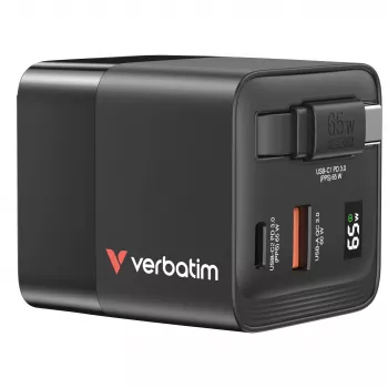 Verbatim GaN Charger 65W 2 Port wysuwany kabel wyświetlacz wtyczki US z adapterami EU i UK