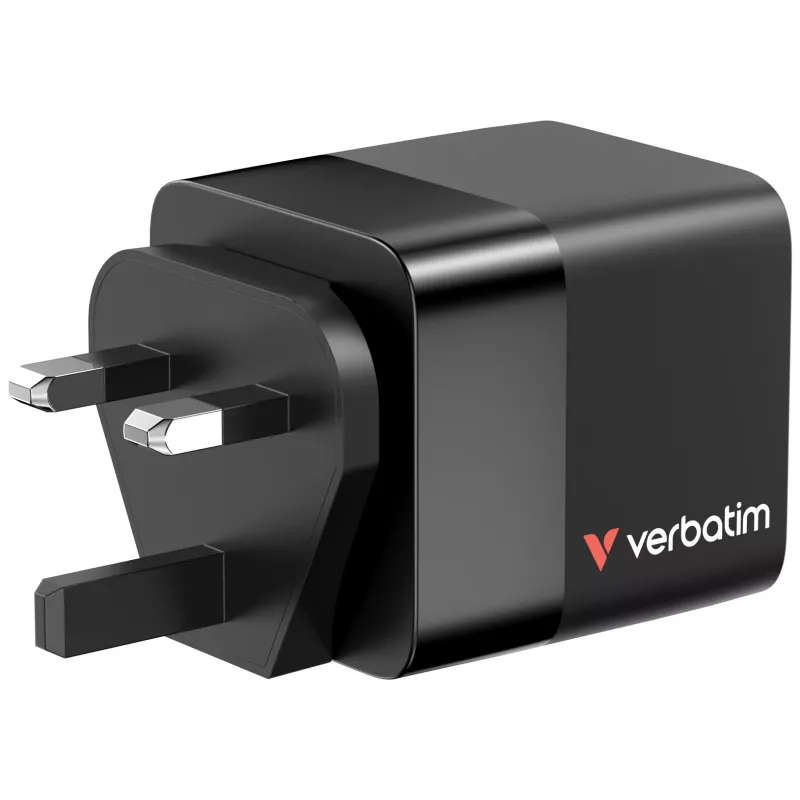 Verbatim GaN Charger 65W 2 Port wysuwany kabel wyświetlacz wtyczki US z adapterami EU i UK