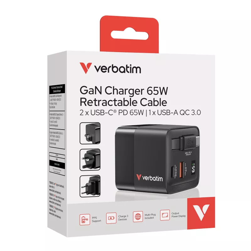 Verbatim GaN Charger 65W 2 Port wysuwany kabel wyświetlacz wtyczki US z adapterami EU i UK