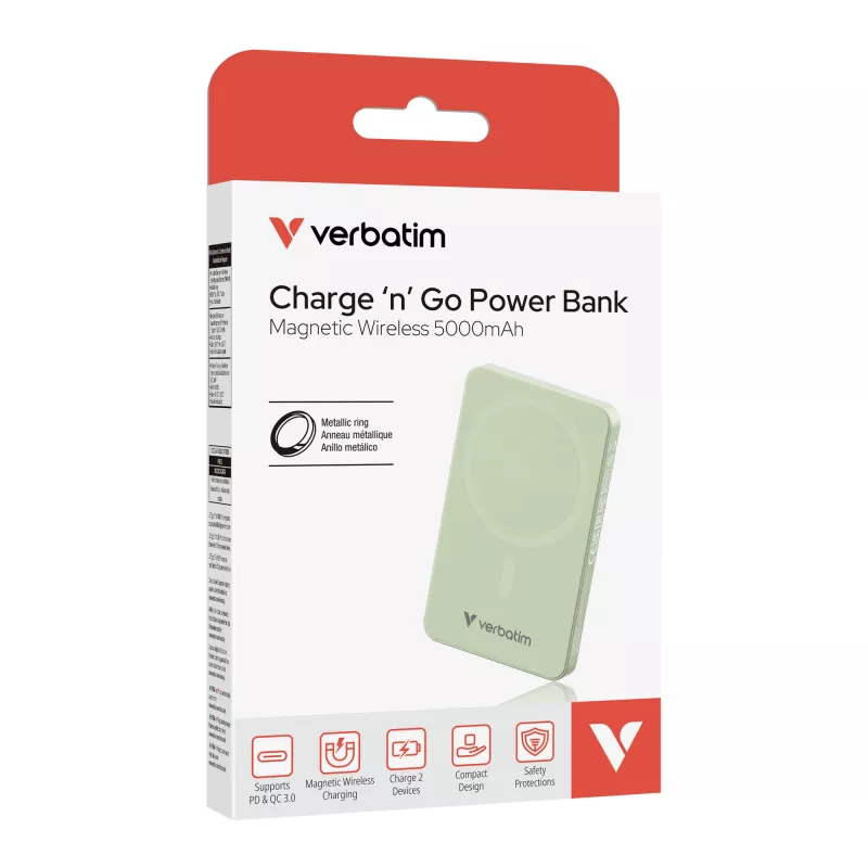 Verbatim Charge 'n' Go Essentials Magnetyczny Bezprzewodowy Powerbank 5000 mAh Zielony