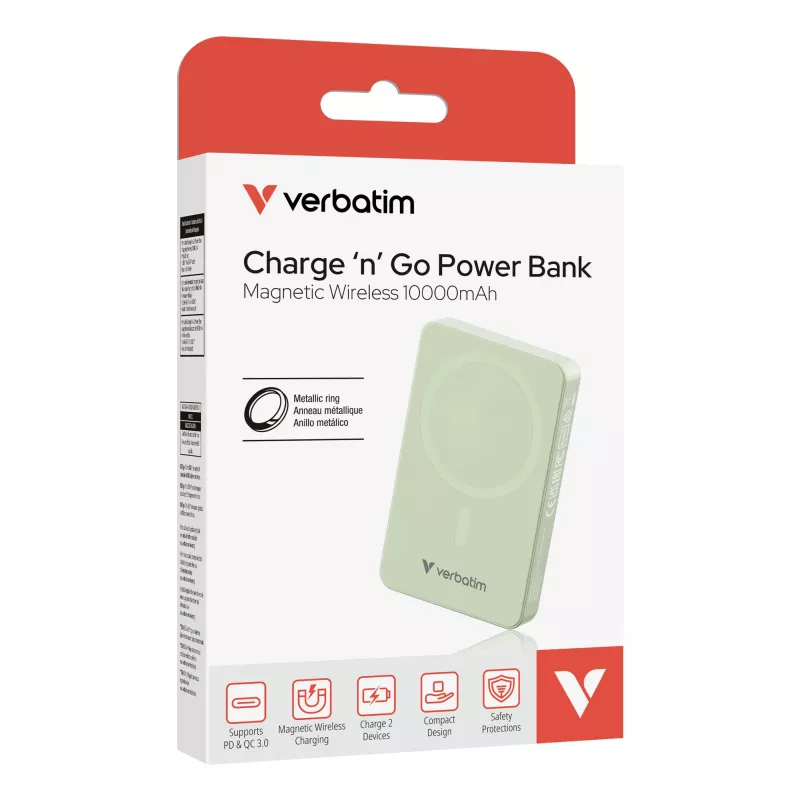 Verbatim Charge 'n' Go Essentials Magnetyczny bezprzewodowy powerbank 10000 mAh Zielony