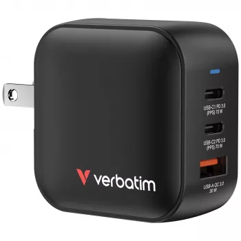 Mini ładowarka GaN Verbatim 70 W 3 porty wtyczka US z adapterami EU i UK