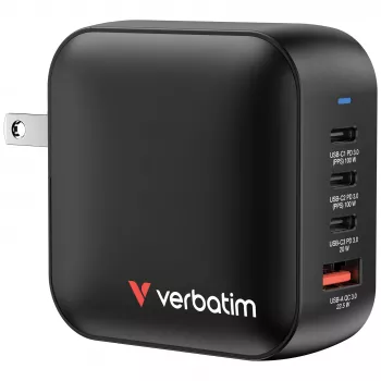 Mini ładowarka Verbatim GaN 100 W 4 porty wtyk US z adapterami EU i UK