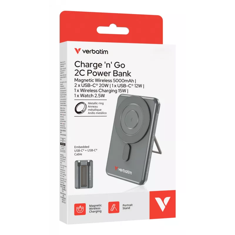 Verbatim Charge'n'Go 2C Powerbank 5000 mAh Szary, 5000 mAh, Adaptive Fast Charging, Power Delivery 3.0, Quick Charge 3.0, Ładowanie bezprzewodowe, 3,85 V, 20 W, Szary