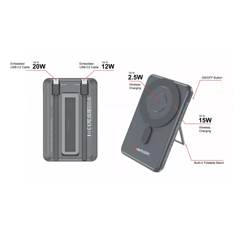 Verbatim Charge'n'Go 2C Powerbank 5000 mAh Szary, 5000 mAh, Adaptive Fast Charging, Power Delivery 3.0, Quick Charge 3.0, Ładowanie bezprzewodowe, 3,85 V, 20 W, Szary