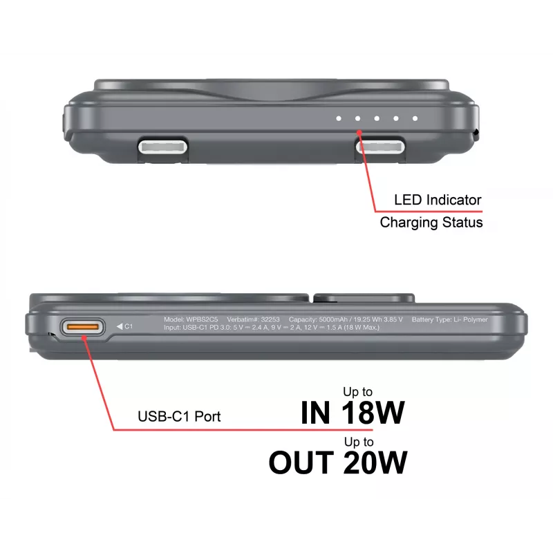 Verbatim Charge'n'Go 2C Powerbank 5000 mAh Szary, 5000 mAh, Adaptive Fast Charging, Power Delivery 3.0, Quick Charge 3.0, Ładowanie bezprzewodowe, 3,85 V, 20 W, Szary