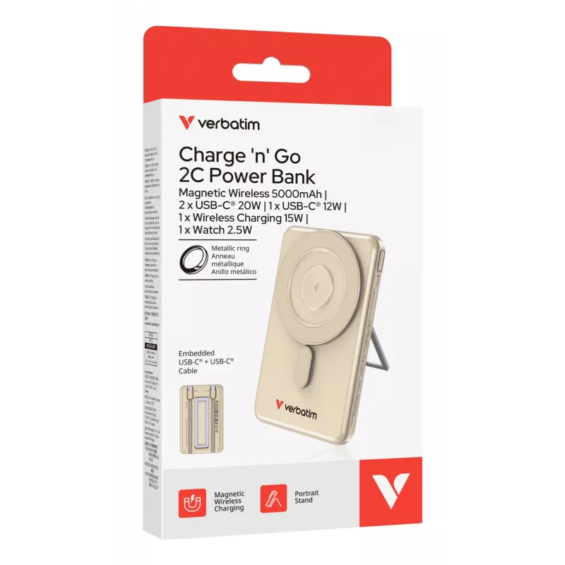 Verbatim Charge'n'Go 2C powerbank 5000 mAh Gold, 5000 mAh, polimer, Adaptive Fast Charging, Power Delivery 3.0, Quick Charge 3.0, ładowanie bezprzewodowe, 3,85 V, 20 W