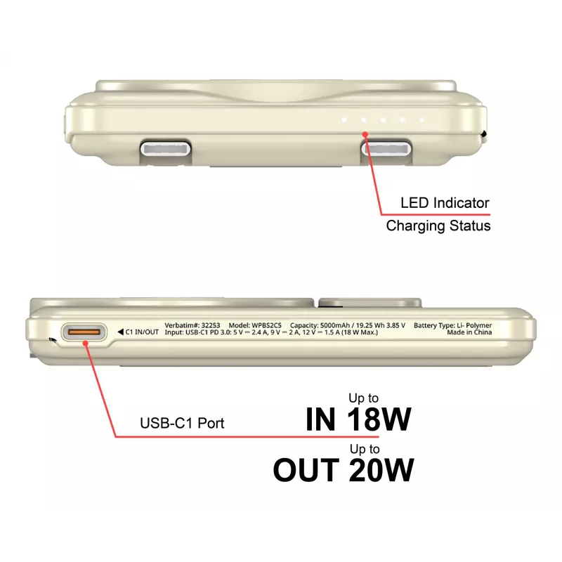 Verbatim Charge'n'Go 2C powerbank 5000 mAh Gold, 5000 mAh, polimer, Adaptive Fast Charging, Power Delivery 3.0, Quick Charge 3.0, ładowanie bezprzewodowe, 3,85 V, 20 W