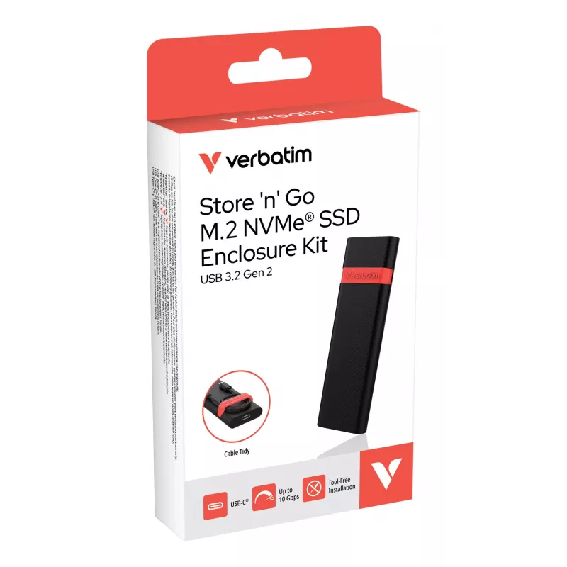 Verbatim M.2 NVMe SSD Enclosure Kit, obudowa SSD, M.2, PCI Express, 10 Gbit/s, łączność USB, czarny, czerwony