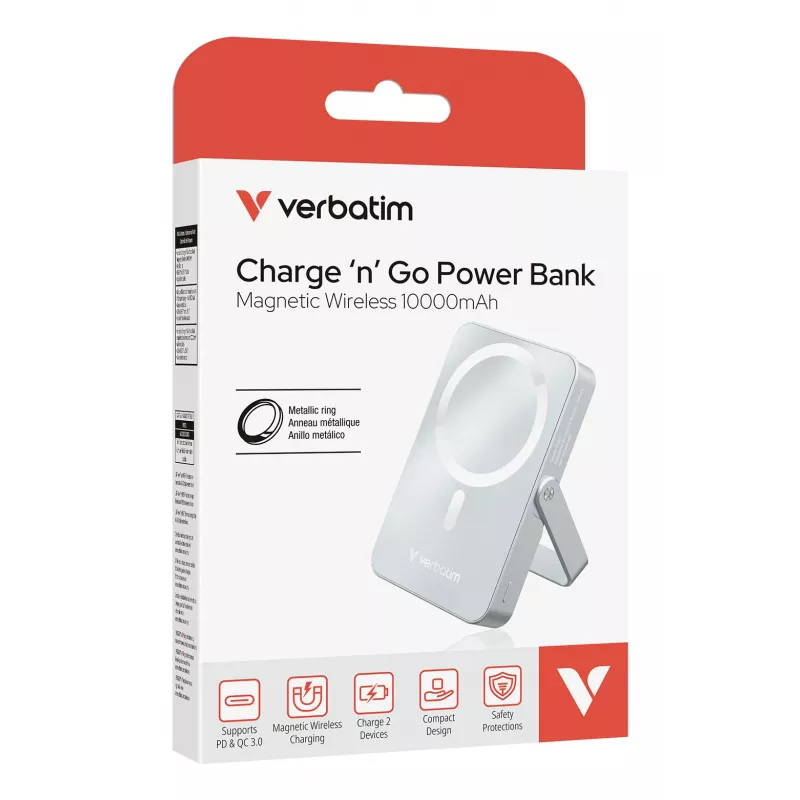 Verbatim Charge 'n' Go Magnetic Wireless Power Bank z stand - 10000 mAh Niebieski