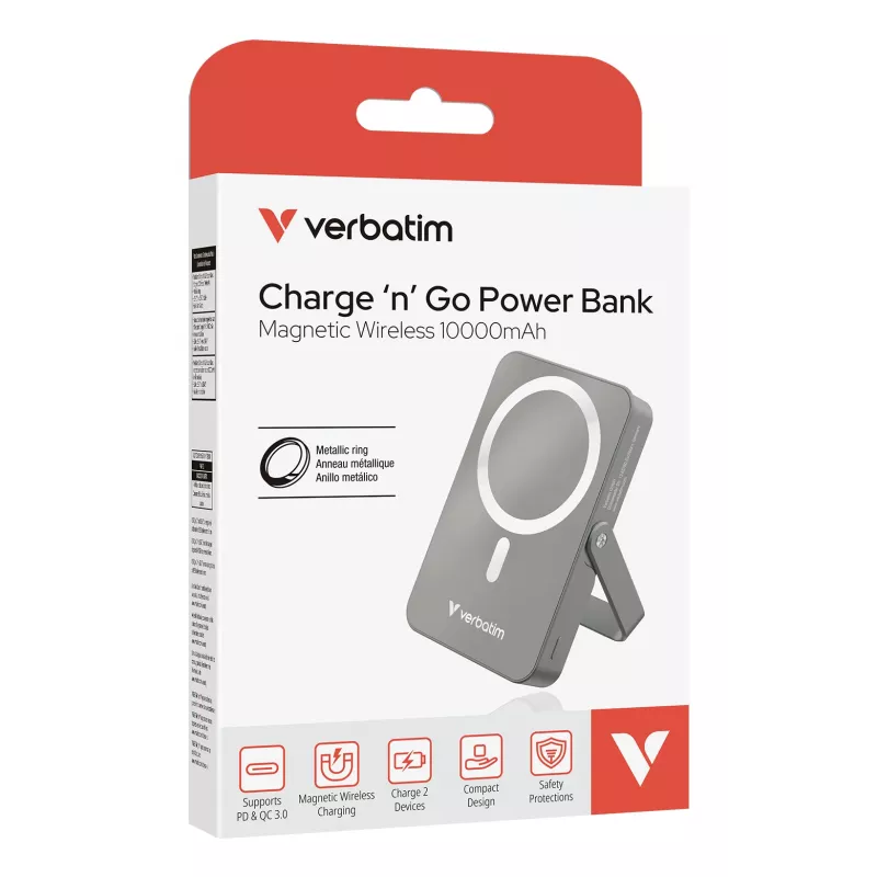 Verbatim Charge 'n' Go Magnetic Wireless Power Bank z stand - 10000 mAh szary
