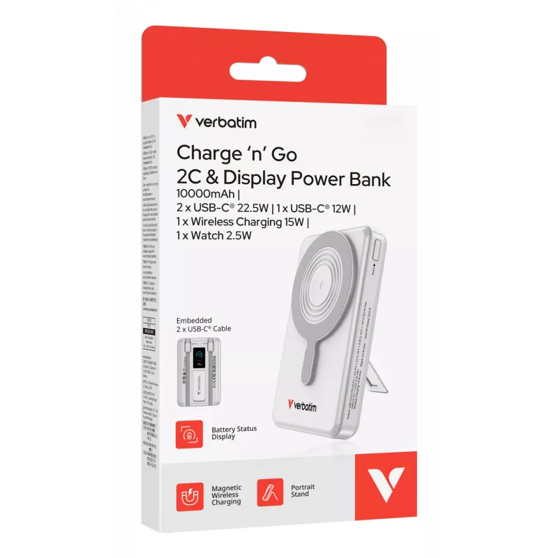 Verbatim Charge'n'Go 2C & Display Power Bank 10000 mAh Srebrny