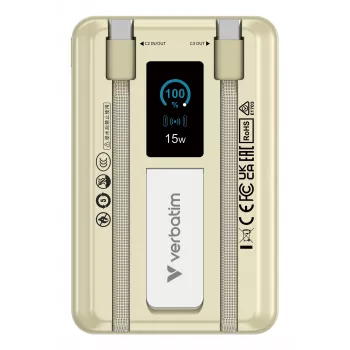 Verbatim Charge'n'Go 2C & Wyświetlacz Powerbank 10000 mAh Złoty, 10000 mAh, Polimer litowo-jonowy (LiPo), Power Delivery 3.0, Quick Charge 3.0, Ładowanie bezprzewodowe, 3,85 V, 52 W