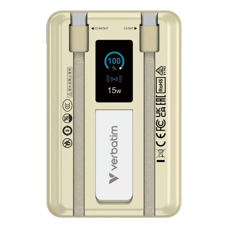 Verbatim Charge'n'Go 2C & Wyświetlacz Powerbank 10000 mAh Złoty, 10000 mAh, Polimer litowo-jonowy (LiPo), Power Delivery 3.0, Quick Charge 3.0, Ładowanie bezprzewodowe, 3,85 V, 52 W