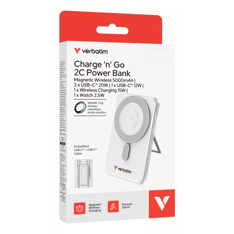 Verbatim Charge'n'Go 2C Power Bank 5000 mAh Srebrny, 5000 mAh, Polimer litowy (LiPo), Adaptive Fast Charging, Power Delivery 3.0, Quick Charge 3.0, Ładowanie bezprzewodowe, 3,85 V, 20 W